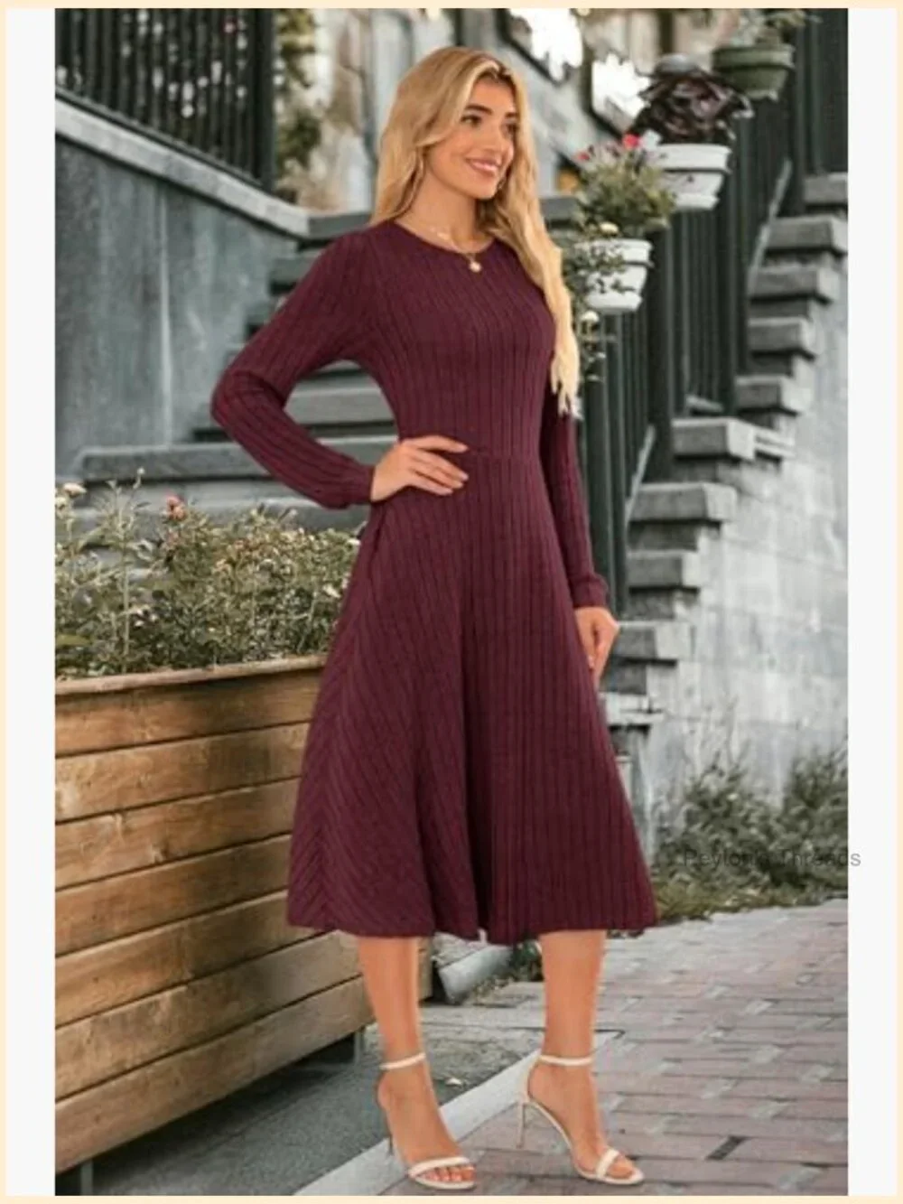 Long Sleeve Ribbed Knit Midi Dress with Pockets - Picture 3 of 7